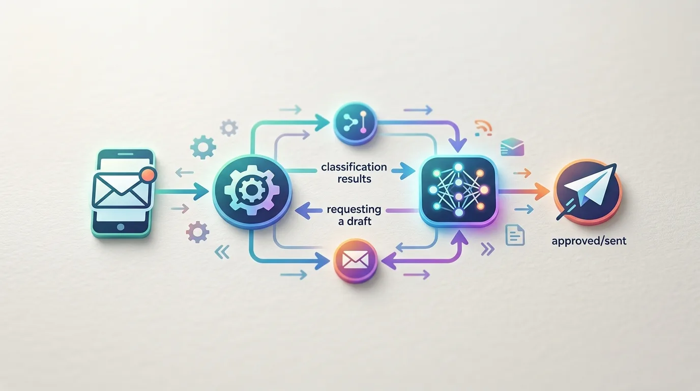 Sơ đồ kiến trúc workflow AI tự động trả lời email kết nối Gmail Make Dify