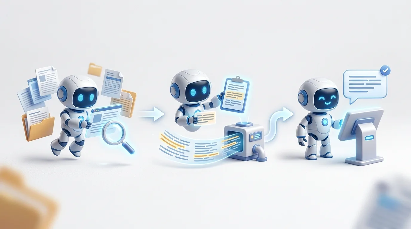 Sơ đồ minh hoạ 3 bước hoạt động của RAG trong AI Agent